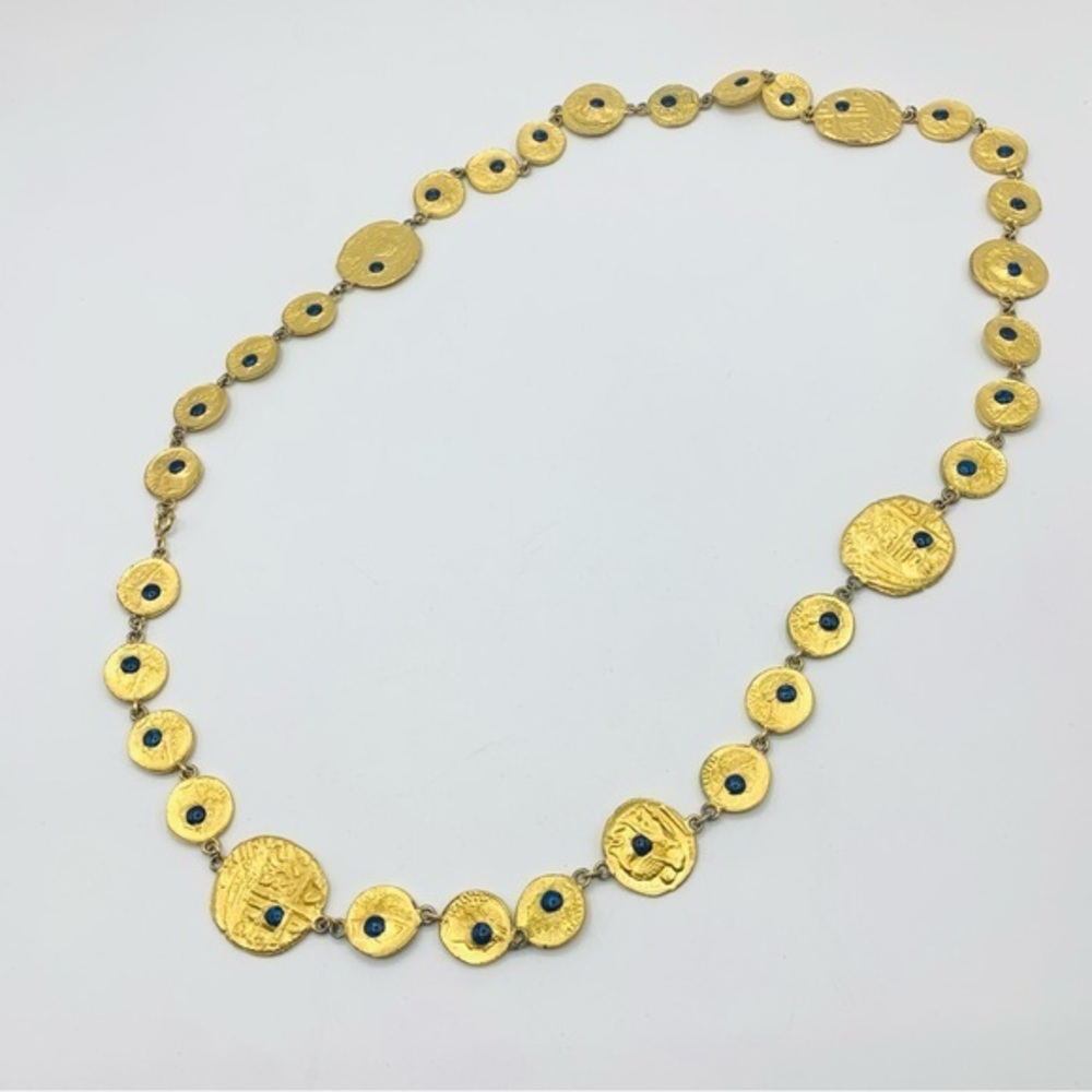 Vintage Gold Coin Necklace with Blue Cabochons – Roman Revival- Pauline Rader?